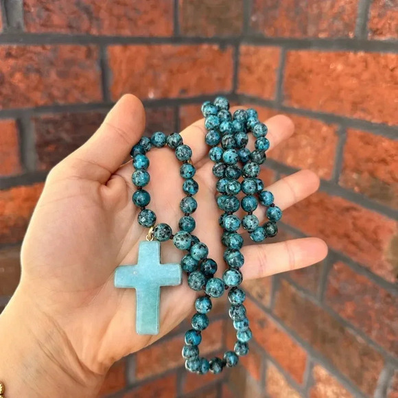 Natural Stones Howlite Cross Pendant Necklace - Picture 10 of 17